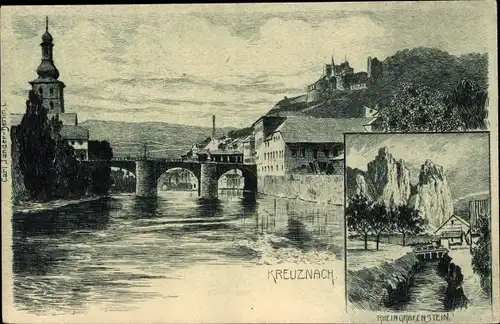 Künstler Ak Bad Münster am Stein Bad Kreuznach an der Nahe, Rheingrafenstein, Brücke