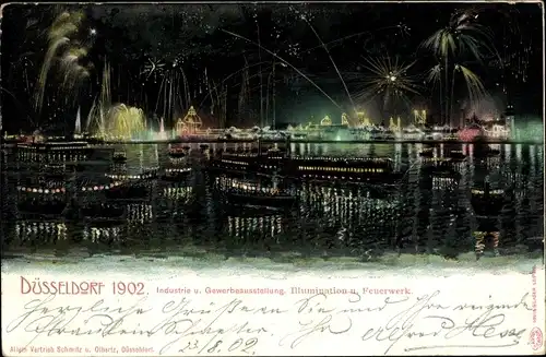 Ak Düsseldorf am Rhein, Industrie- und Gewerbeausstellung 1902, Illumination und Feuerwerk, Schiffe