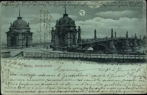 Mondschein Ak Mainz am Rhein, Straßenbrücke