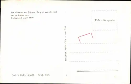 Ak Prinzessin Margriet der Niederlande, Portrait Winterurlaub Zermatt Matterhorn 1947