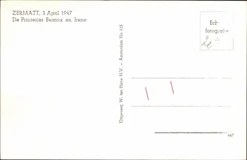 Ak Prinzessinnen Beatrix und Irene der Niederlande, Zermatt 1947