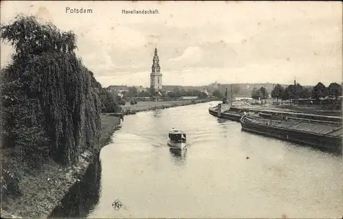 Ak Potsdam, Havellandschaft, Blick auf Ausflugsschiff, Trauerweide, Kirchturm