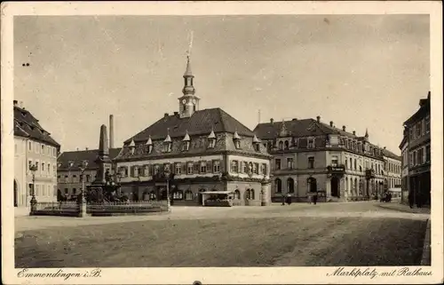 Ak Emmendingen im Breisgau Baden, Marktplatz mit Rathaus, Kriegerdenkmal, Hotel Post und Sonne