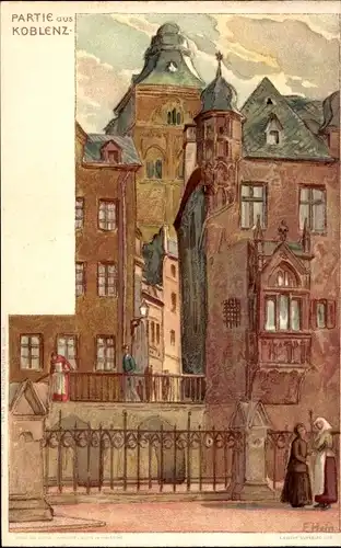 Künstler Litho Franz Hein, Koblenz in Rheinland Pfalz, Partie in der Altstadt, Zaun, Gebäude, Turm