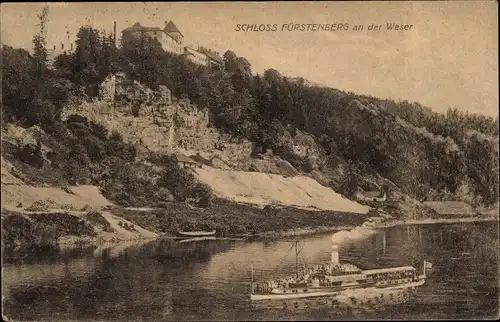 Ak Fürstenberg an der Weser, Schloss Fürstenberg, Dampfschiff