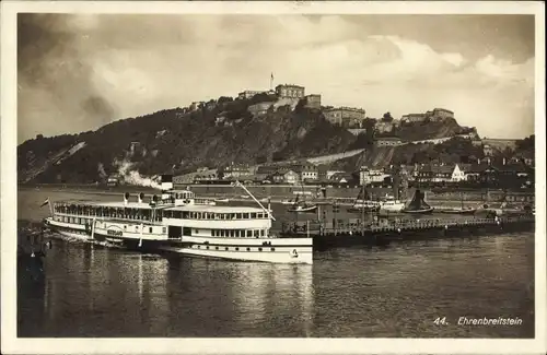 Ak Ehrenbreitstein Koblenz am Rhein, Dampfschiff passiert Schiffbrücke