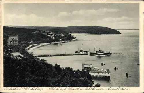 Ak Glücksburg an der Ostsee, Blick auf Strand und Föhrde vom Aussichtsturm