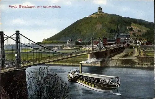 Ak Porta Westfalica an der Weser, Salondampfer, Kettenbrücke, Ort, Denkmal