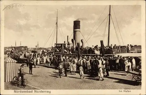 Ak Nordseebad Norderney Ostfriesland, Im Hafen, Schiff, Passanten