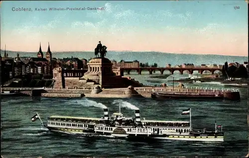 Ak Koblenz, Deutsches Eck, Kaiser Wilhelm Denkmal, Rheindampfer