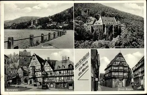 Ak Miltenberg am Main Unterfranken, Mainpartie, Schloss, Marktplatz, Hotel Riesen