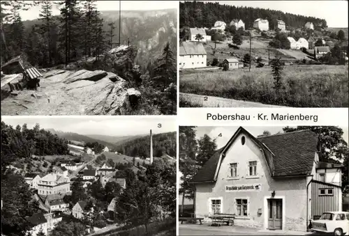 Ak Pobershau Marienberg im Erzgebirge, Bergschänke zum Katzenstein, Trabant, Teilansichten vom Ort