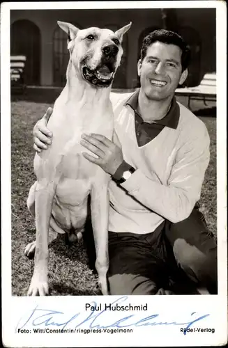 Ak Schauspieler Paul Hubschmid, Portrait, Heute heiratet mein Mann, Hund, Autogramm