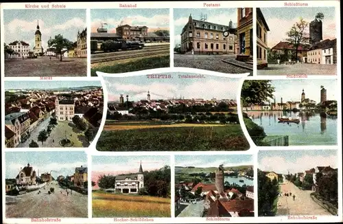 Ak Triptis Thür., Kirche, Schule, Bahnhof, Post, Schlossturm, Markt, Stadtteich, Hockerschlösschen