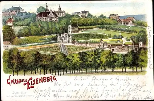 Litho Eisenberg in Thüringen, Geyers Villa mit Park und Umgebung