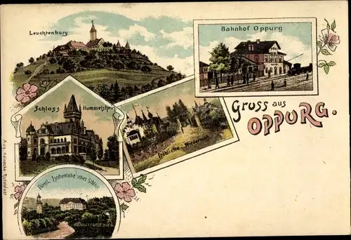 Litho Oppurg Thüringen, Bahnhof, Leuchtenburg, Schloss Hummelshein, Fröhliche Wiederkunft