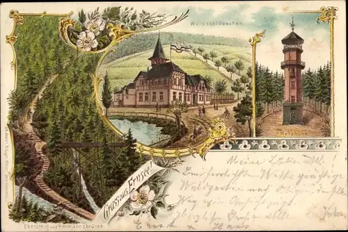 Litho Ernsee Gera in Thüringen, Aussichtsturm Metzhöhe, Waldschlösschen, Ebersteig, Hermannsbrücke