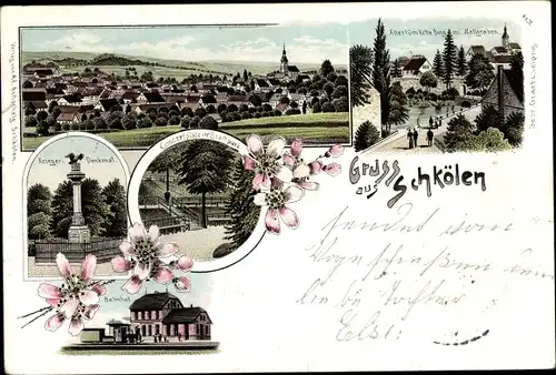 Litho Schkölen in Thüringen, Kriegerdenkmal, Bahnhof, Konzertplatz, Burg, Hellgraben, Gesamtansicht