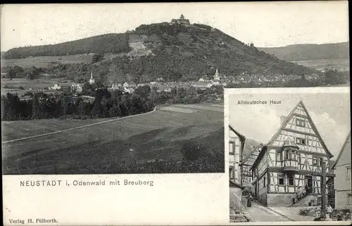 Ak Neustadt Breuberg im Odenwald Hessen, Panorama vom Ort mit Breuberg, Altdeutsches Haus