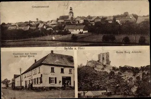 Ak Sylda Arnstein im Südharz, Gesamtansicht, Gasthaus zur Sonne, Ruine Burg Arnstein