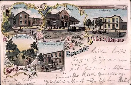 Litho Gleschendorf Scharbeutz in Ostholstein, Gasthaus zur Post, Bahnhof, Bahnhofstraße, Hotel