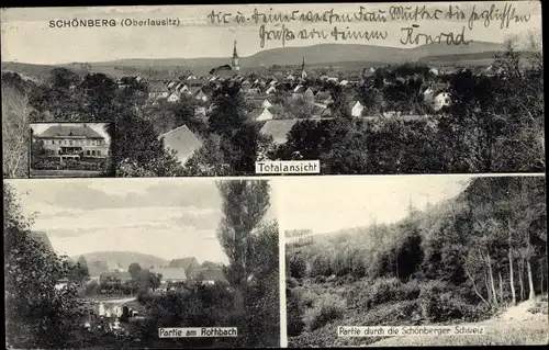 Ak Schönberg Cunewalde in der Oberlausitz, Gesamtansicht, Partie am Rothbach, Wald