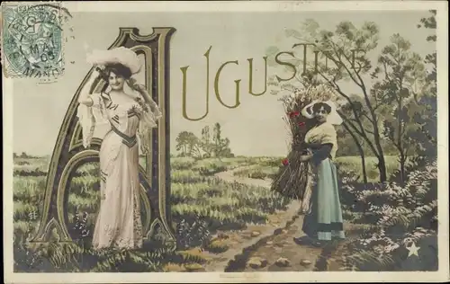 Buchstaben Ak Vorname Augustine, zwei Frauen, Feldweg, Bäuerin
