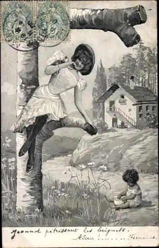 Buchstaben Ak Buchstabe F aus Birkenstamm, Frau, Kind