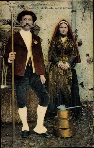 Ak Les Pyrenees, guide Ossalois et sa promise, Trachten