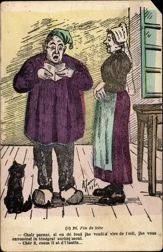 Künstler Ak Fin de lette, Paar in französischen Trachten, Katze