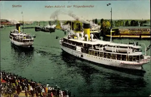 Ak Szczecin Stettin Pommern, Hafen, Abfahrt der Rügendampfer