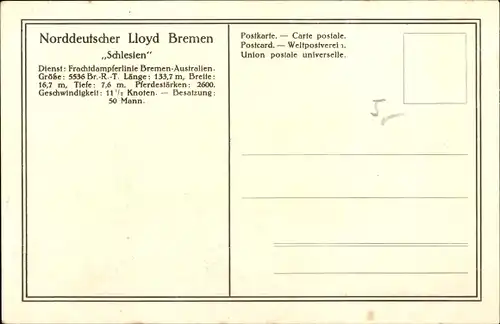 Ak Dampfer Schlesien, Norddeutscher Lloyd Bremen, Frachtdampfer