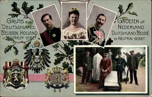 Wappen Ak Grenze, Vierländerblick, Deutschland, Belgien, Holland, Neutrales Gebiet, Wilhelm II