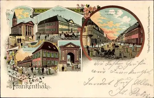 Litho Frankenthal in der Pfalz, Wormser Tor, Gymnasium, Landgericht