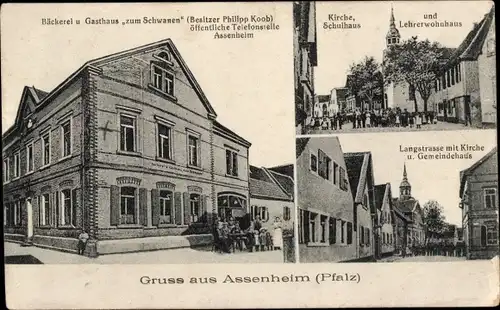 Ak Assenheim in der Pfalz, Kirche, Schulhaus, Lehrerwohnhaus, Bäckerei und Gasthaus zum Schwanen