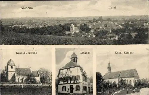 Ak Alsheim in Rheinhessen, Evangelische Kirche, Rathaus, Katholische Kirche