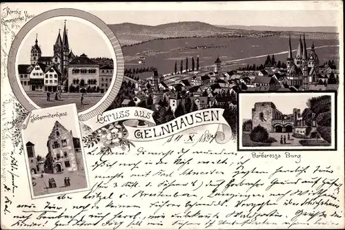 Litho Gelnhausen in Hessen, Gesamtansicht, Barbarossa Burg