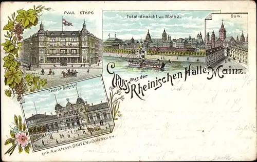 Litho Mainz am Rhein, Rheinische Halle, Zentralbahnhof, Dom, Paul Stäps