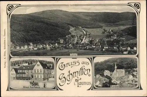 Jugendstil Ak Schmitten im Taunus Hessen, Totalansicht, Kirche, Kurhaus