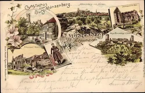 Litho Münzenberg in Hessen, Gasthaus zur Burg Münzenberg, Rittersaal, Ruine, Tracht