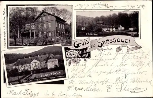 Litho Plettenberg im Märkischen Kreis, Hönnetal, Gasthaus Sanssouci, Logierhaus, Schloss Wocklum