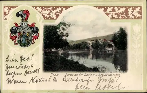 Passepartout Wappen Ak Jena in Thüringen, Partie an der Saale mit Schützenbrücke