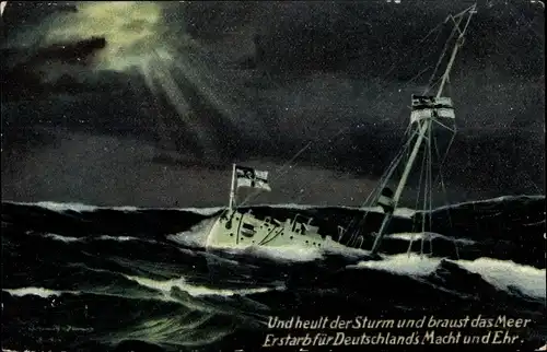 Künstler Ak Und heult der Sturm und braust das Meer, Deutsches Kriegsschiff