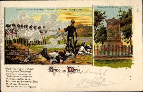 Litho Wesel am Niederrhein, Heldentat der 11 Schillschen Offiziere 1809, Denkmal