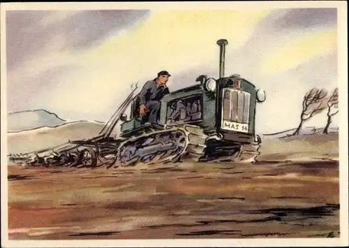 Künstler Ak Landwirtschaft, Traktor auf dem Feld, MAS 14