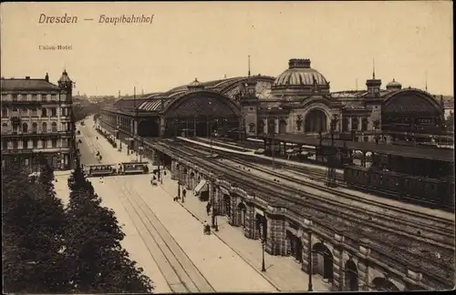 Ak Dresden Altstadt Seevorstadt, Hauptbahnhof, Union Hotel, Straßenbahn