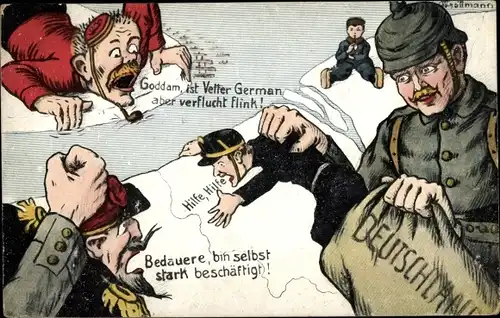 Künstler Ak Deutscher Soldat steckt alliierte Soldaten in einen Sack, 1. Weltkrieg