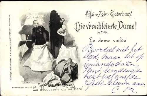 Künstler Ak Dreyfus Affäre, Zola Esterhazy, Die verschleierte Dame Nr. 4, Des Rätsels Lösung