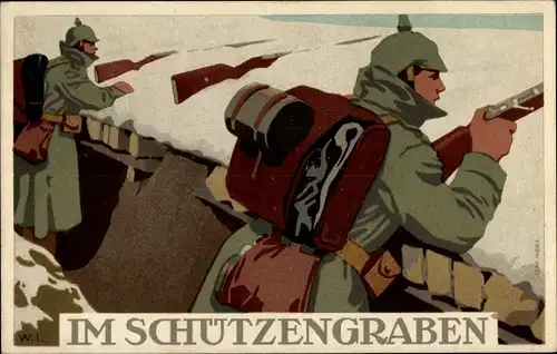 Steindruck Ak Im Schützengraben, Deutsche Soldaten am Gewehr, I. WK