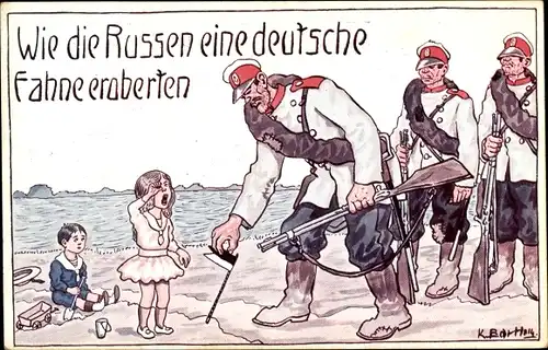 Künstler Ak Wie die Russen eine deutsche Fahne eroberten, Soldaten, weinendes Kind am Strand
